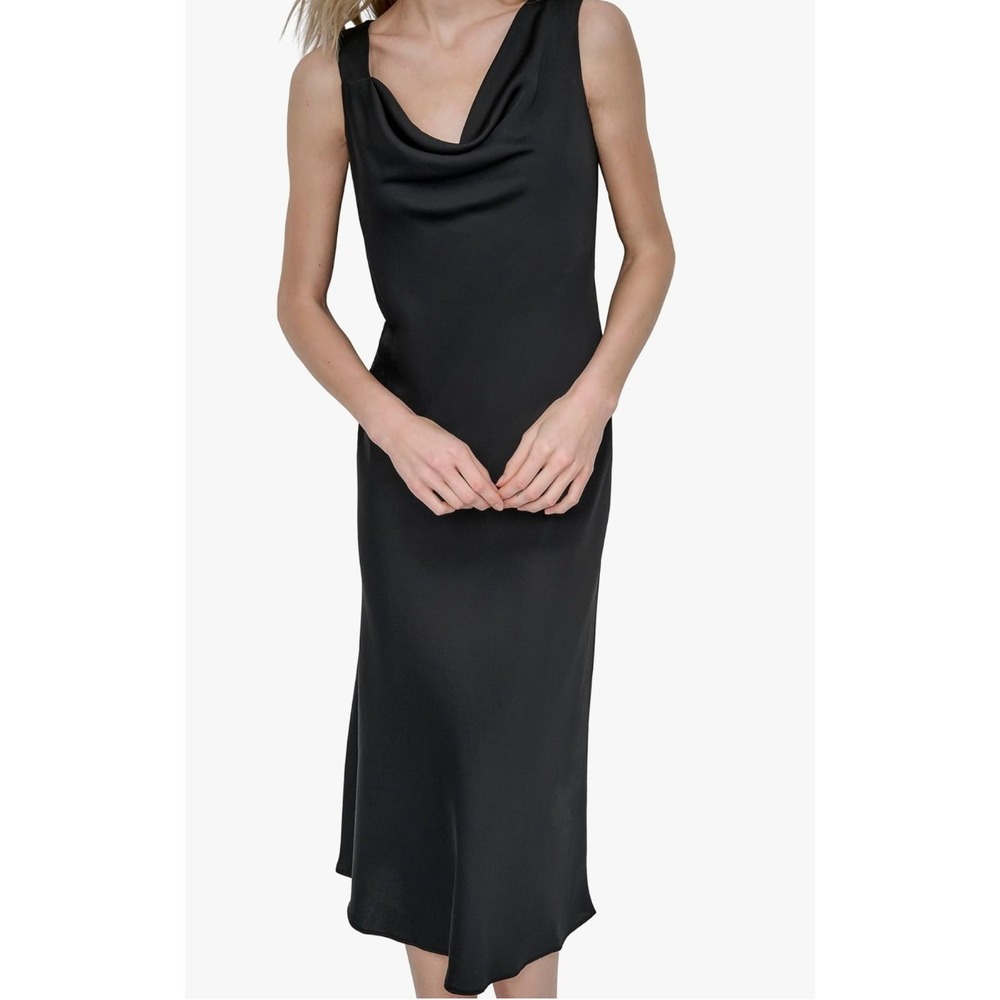 NEW DKNY Maxi Dress Black Womens Size 12 Draped Cowl Neck Sleeveless Back Zip